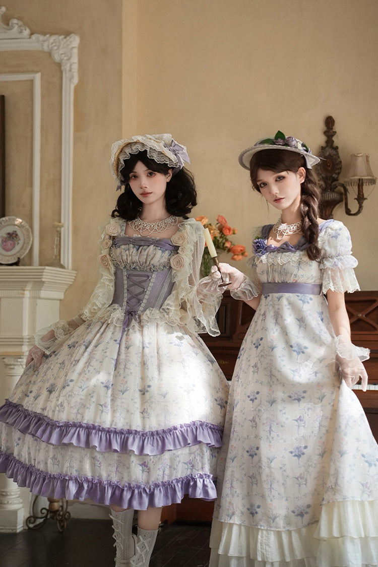 Purple/Ivory [Iris Secrets] Short Sleeves Double-Layered Print Ruffle Bowknot Lace-Up Sweet Lolita Dress
