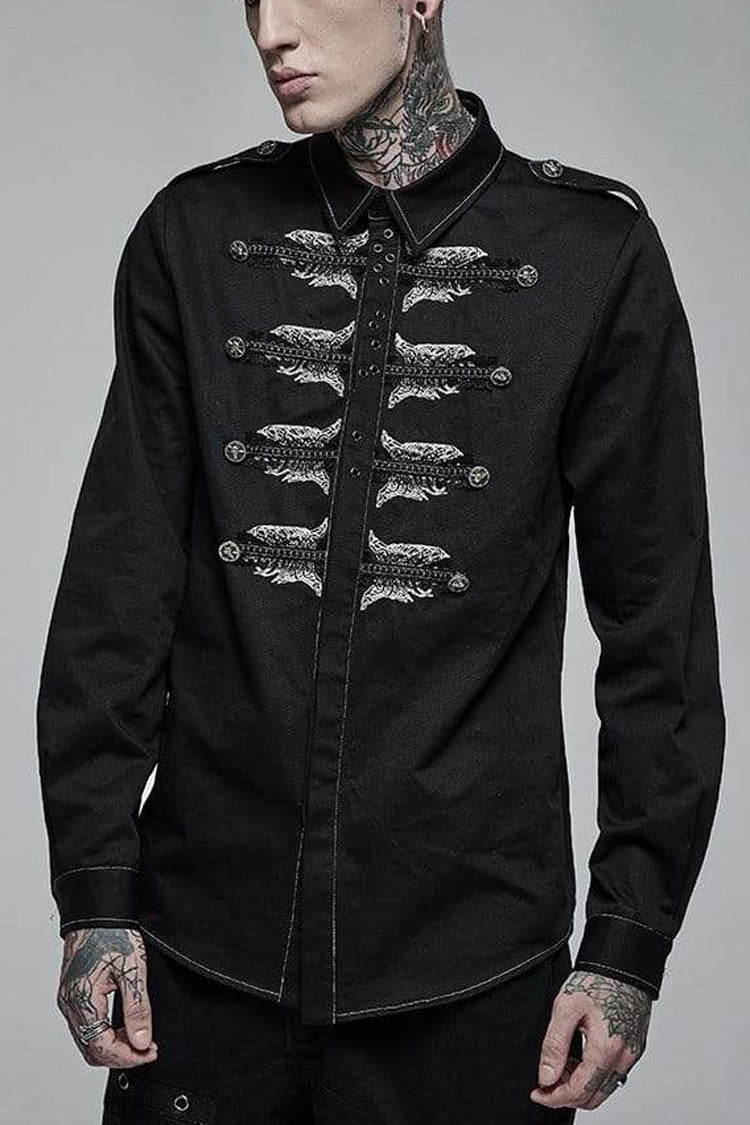 Black Lapel Collar Long Sleeves Skull Print Embroidery Mens Steampunk Blouse