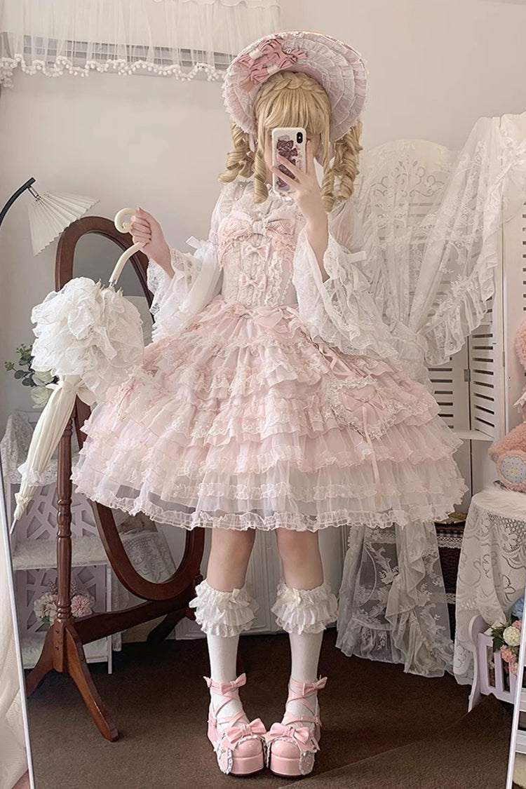 Pink [Sweetheart Diary] Multi-Layered Ruffle Hanayome Embroidery Bowknot Lace Sweet Lolita Jsk Dress