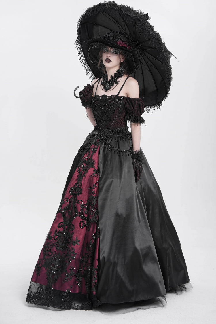 Black/Red Off Shoulder Embroidery Stitching Lace Women's Gothic Dress
