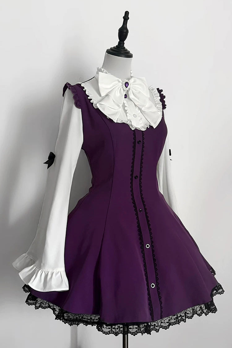 Jirai Kei Stand Collar Long Trumpet Sleeves Ruffled Bow Lace Japanese Dress 4 Colors