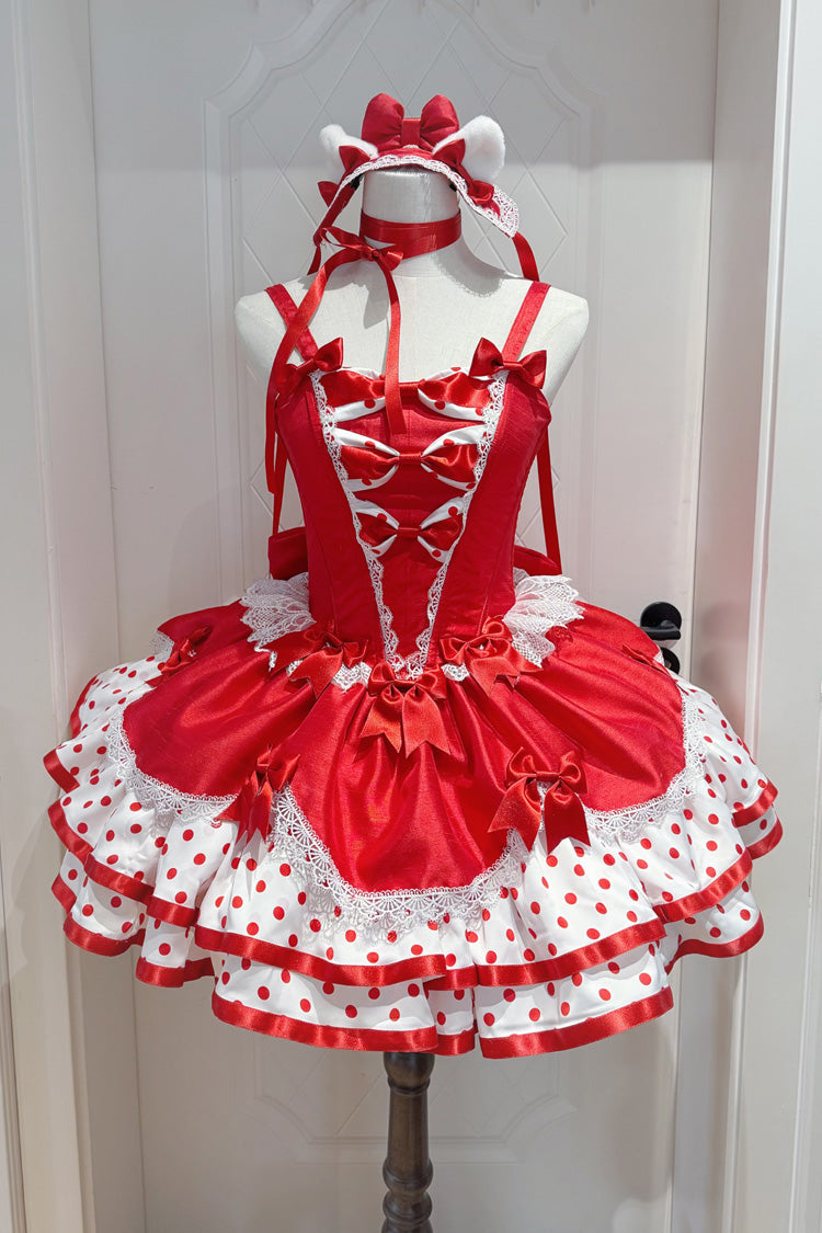 Robe rouge Lolita Jsk, col carré, sans manches, triple couche, imprimé à pois, nœud à volants, dentelle, rouge [Jasmine Rain]