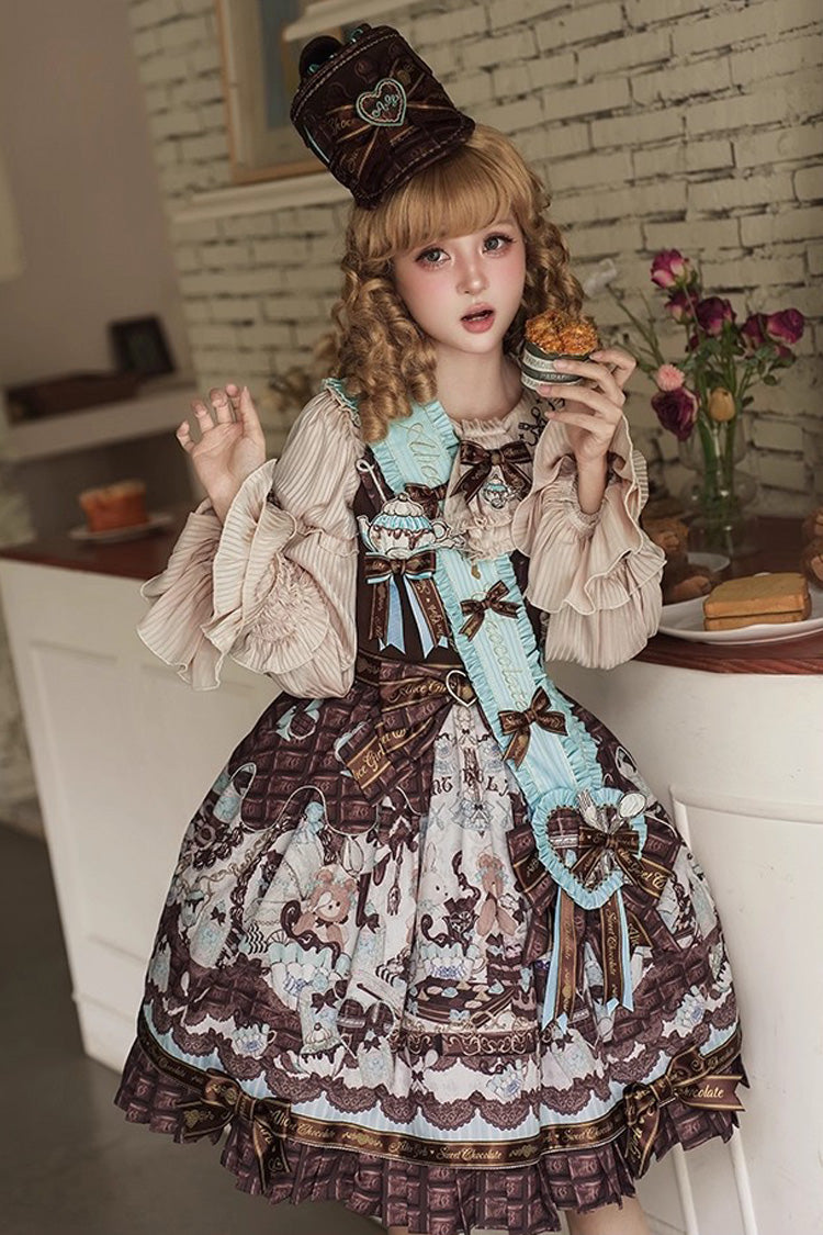 Brown [Teddy Bear Chocolate] Sleeveless Print Ruffle Bowknot Sweet Lolita Jsk Dress