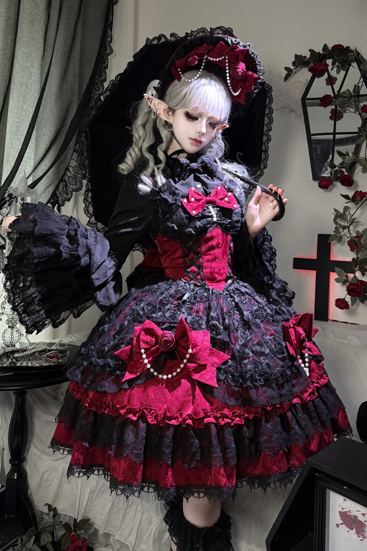 Black/Red [Rose Princess] Sleeveless Ruffle Bowknot Lace Lace-Up Gothic Ballet Lolita Jsk Dress