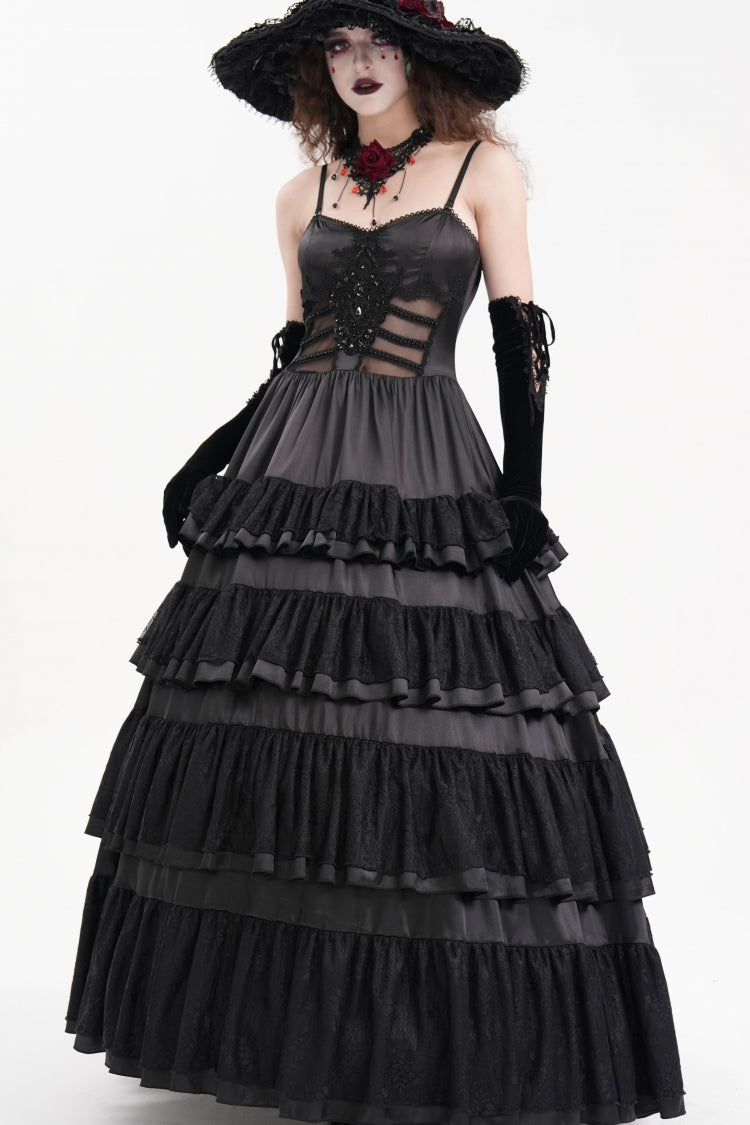 Black Multi-Layered Ruffle Lace-Up Mesh Women's Gothic Dress