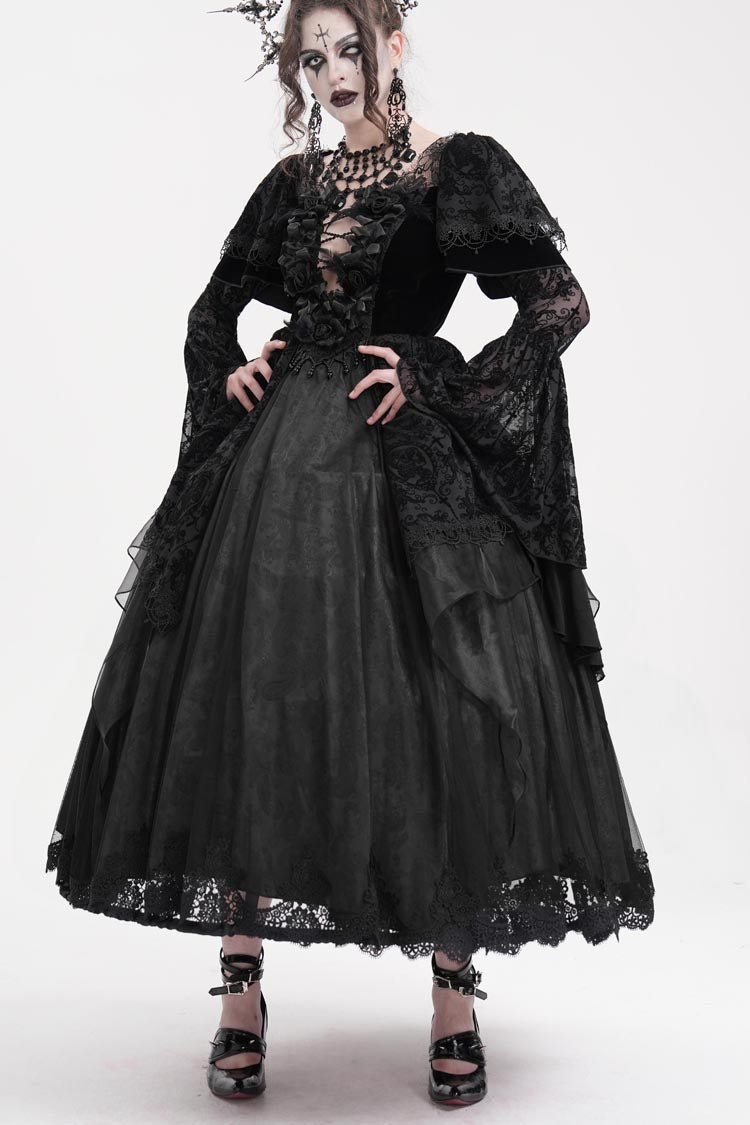 Schwarzes gehäkeltes Gothic-Kleid mit langen Ärmeln aus Hanayome-Spitze für Damen