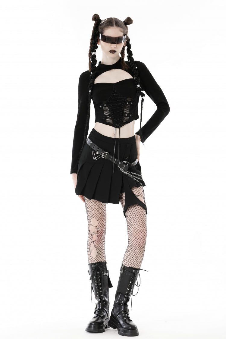 Schwarzes Punk-Crop-Top mit langen Ärmeln, Ausschnitten, gespleißtem Mesh und Reißverschluss mit Riemchen und Ösen