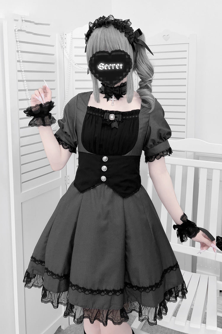 Black/Grey Short Sleeves Ruffle Bowknot Cross Waist Maid Sweet Japanese Lolita Dress Set