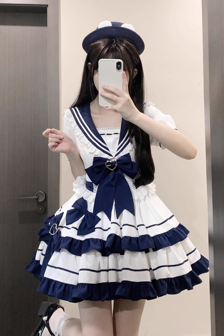 Dark Blue Navy Style Short Sleeves Double Layer Ruffle Bowknot Lace Sweet Lolita Dress