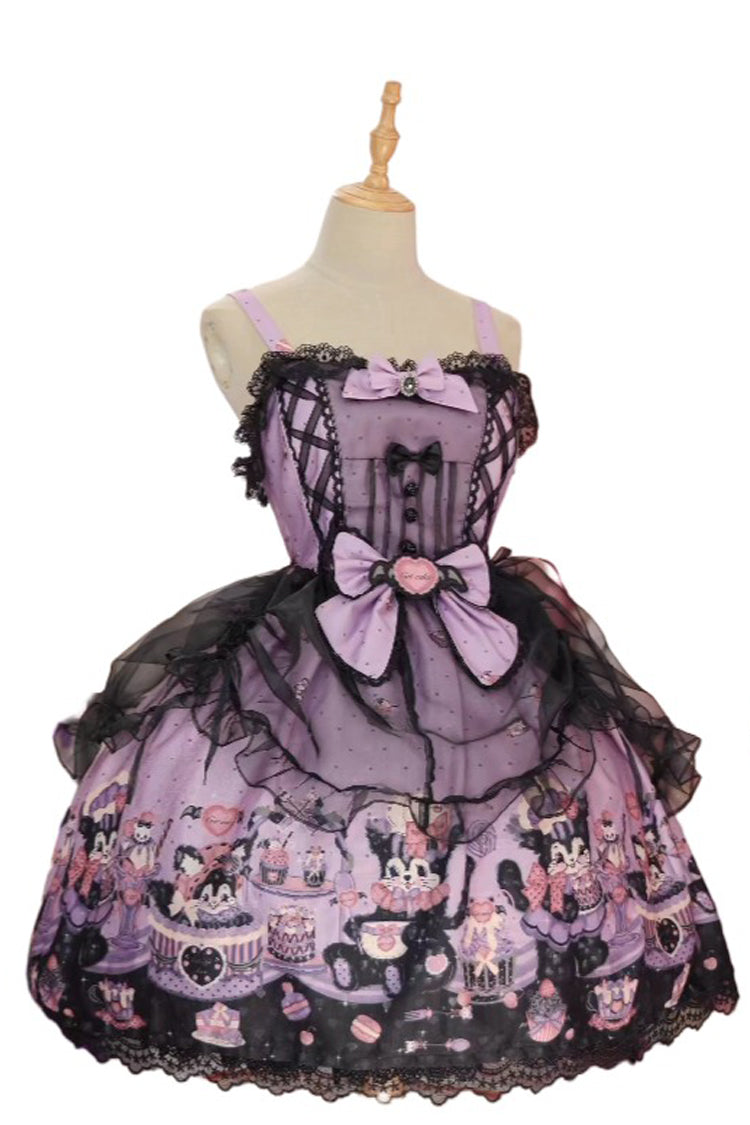 Purple [Devil Cat] Print Ruffle Bowknot Lace Gothic Lolita Jsk Dress (Plus Size Support)