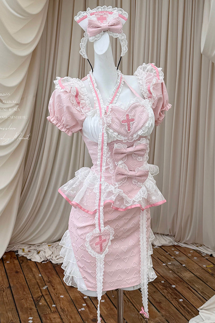 Rosa [Kleine Krankenschwester] Set mit quadratischem Kragen, kurzen Ärmeln, Jacquard, Rüschen, bestickter Schleife, Spitze, süßer Lolita-Rock im chinesischen Stil