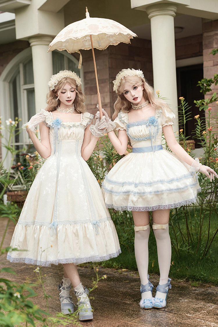 Ivory [Sea Salt Iced Tea] Square Collar Short Sleeves Ruffle Fishbone Sweet Lolita Short Dress