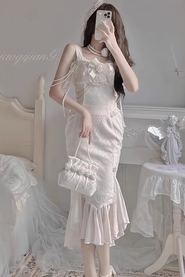 White [Camellia 1.0] Sleeveless Jacquard Ruffle Lace Sweet Chinese Style Lolita Jsk Fishtail Dress