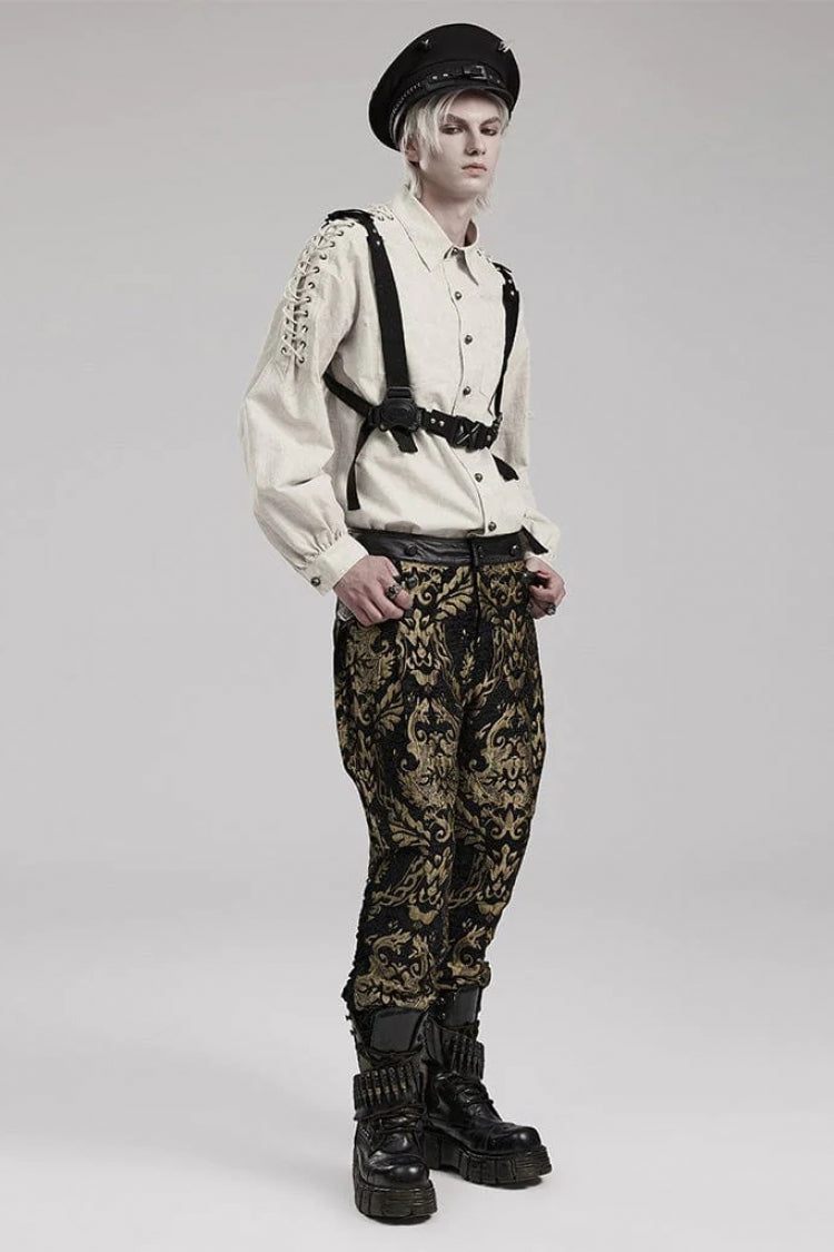 Men's Long Puff Sleeves Shoulder Straps Embroidery Mens Gothic Blouse 2 Colors