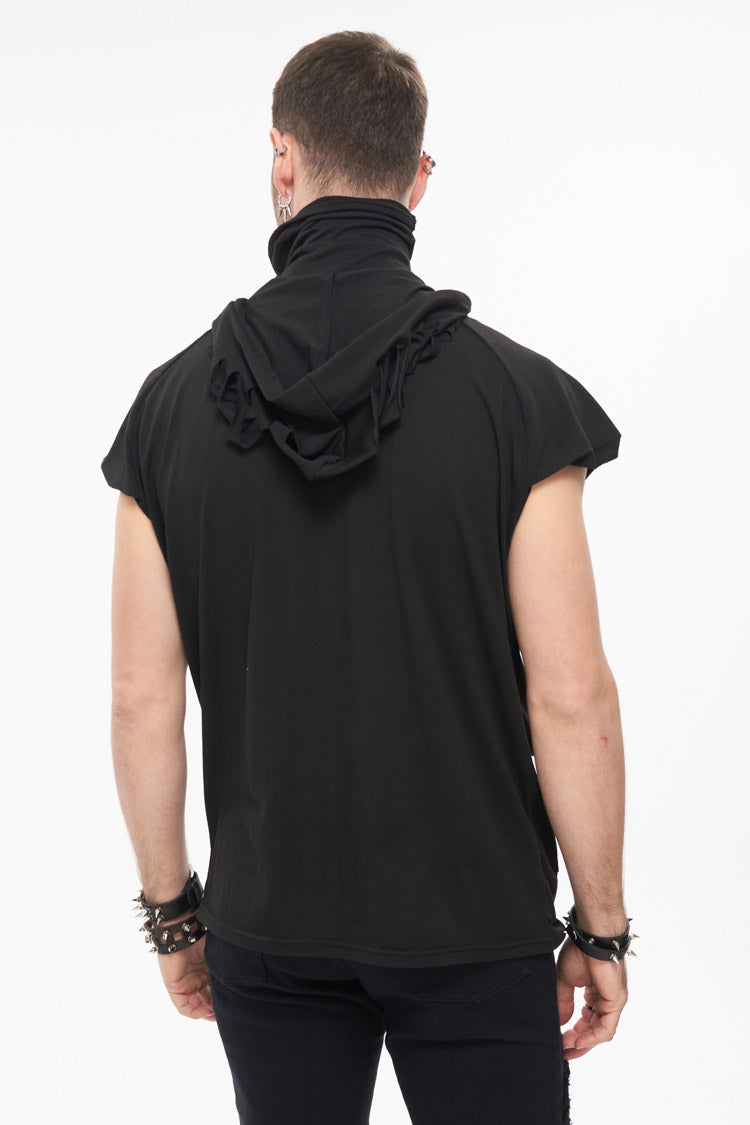 Black Skull Print Super High Neck Masked Rivet Hole Hooded Short Sleeve Men's Punk T-Shirt