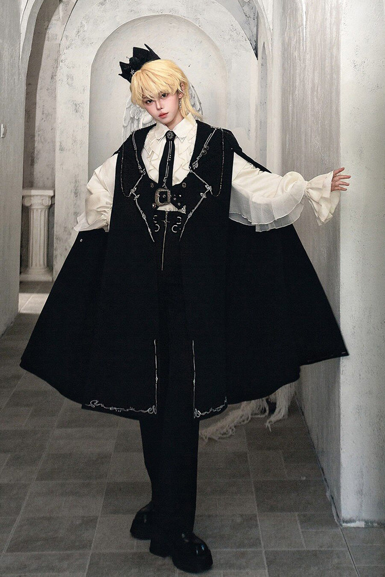 Schwarzes [Versteckter Rabe] Langarm-Ketten-verziertes, besticktes Set aus Umhang, Oberteil und Hose im Gothic-Ouji-Prinzen-Stil