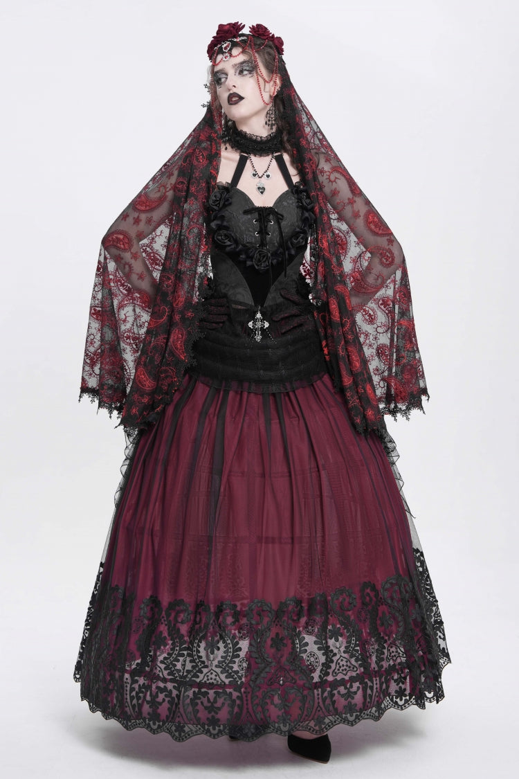 Red Stitching Floral Mesh Women's Gothic Skirt