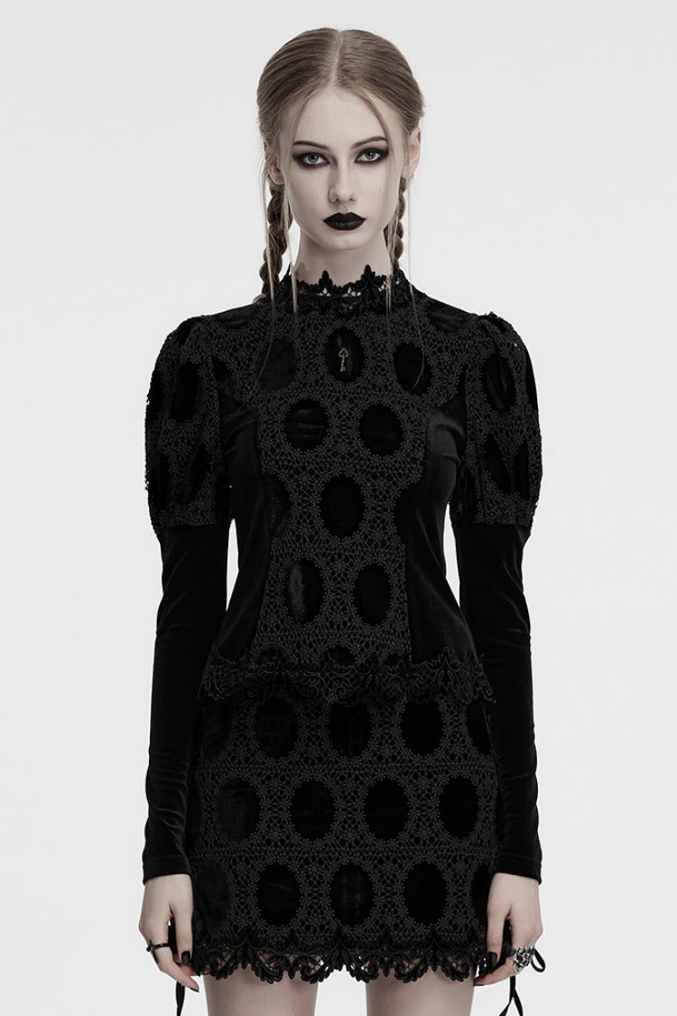 Black Long Puff Sleeves Print Embroidery Women's Gothic Blouse