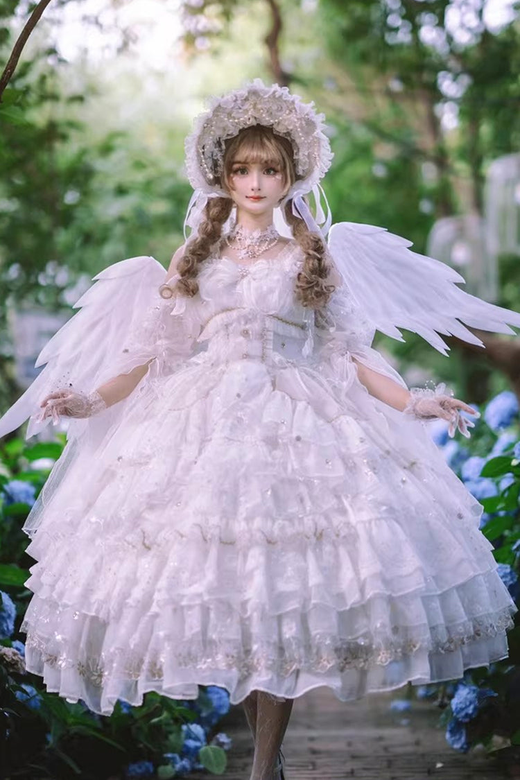 White [Dreamy Waltz] Sleeveless Multi-Layered Ruffled Hanayome Bow Lace Gothic Gorgeous Lolita Jsk Dress