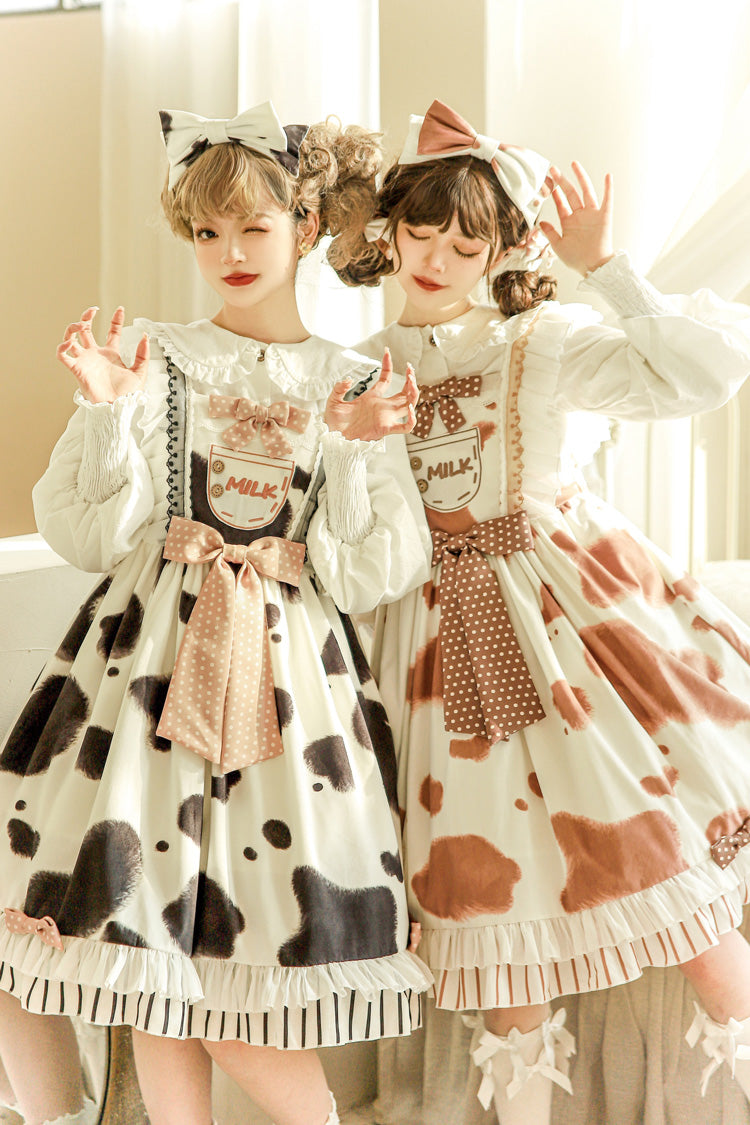 Milk Cow Print Ruffle Bowknot Sweet Lolita Jsk Dress 5 Colors