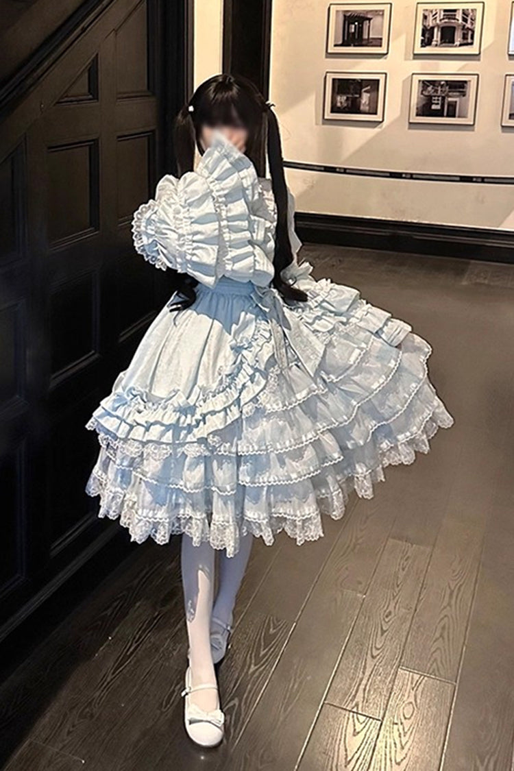Blue [The Soloist Doll] Long Hime Sleeves Multi-Layered Print Ruffle Bowknot Asymmetric Sweet Lolita Dress
