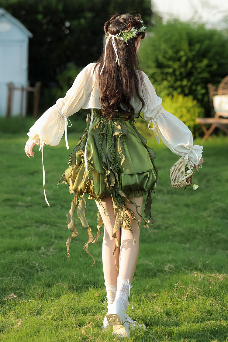 Green [Children of the Forest] Leaf Decoration Ruffle Irregular Sweet Lolita Jsk Dress Set
