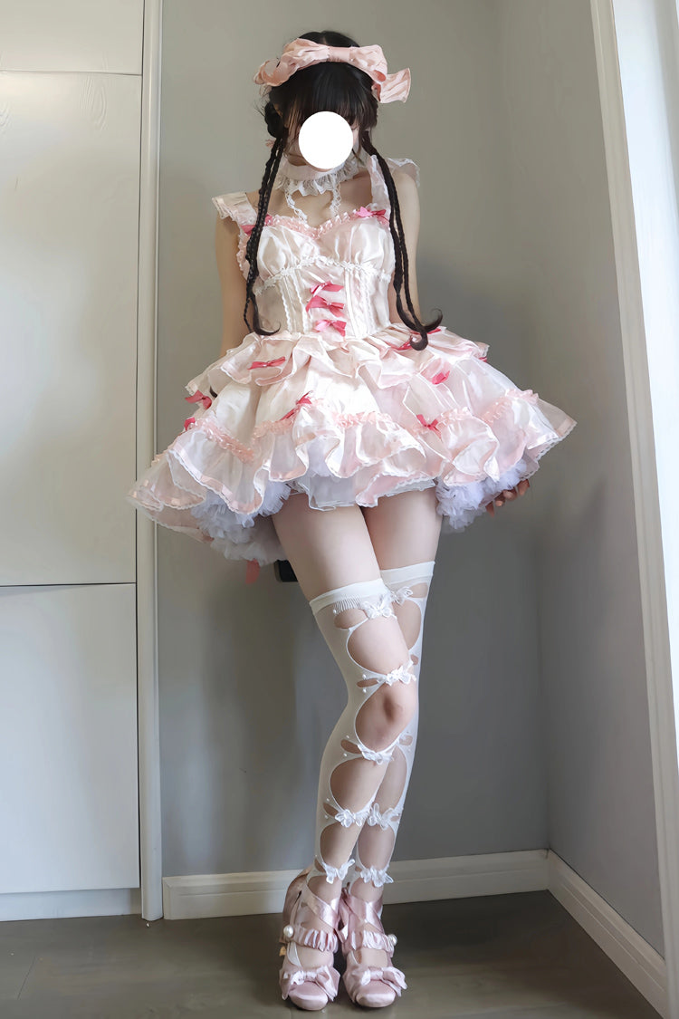 White/Pink Multi-layer Ruffle Ballet Bowknot Sweet Lolita Jsk Dress