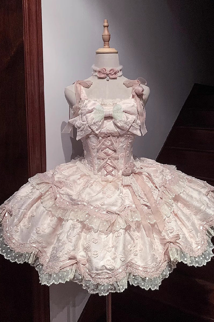 Pink [Floral Overture] Double-Layered Ruffle Embroidery Bowknot Lace Sweet Lolita Jsk Dress