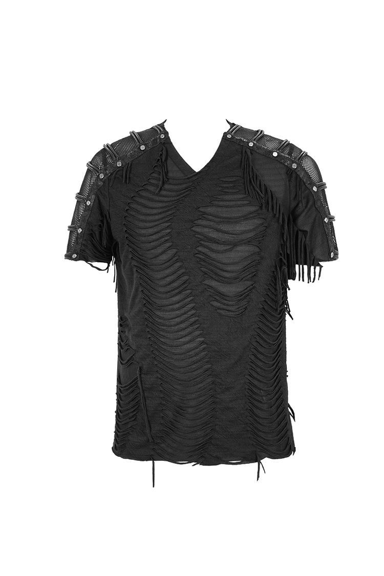 Black Tattered Striped Shoulder Splice Mesh Short Sleeve Men's Punk T-Shirt