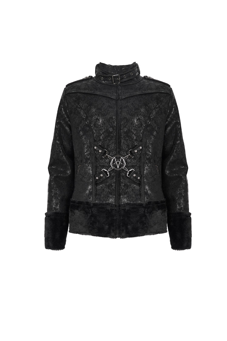 Black Five Pointed Star Decoration Retro Suede Short Plush Men's Punk Coat
