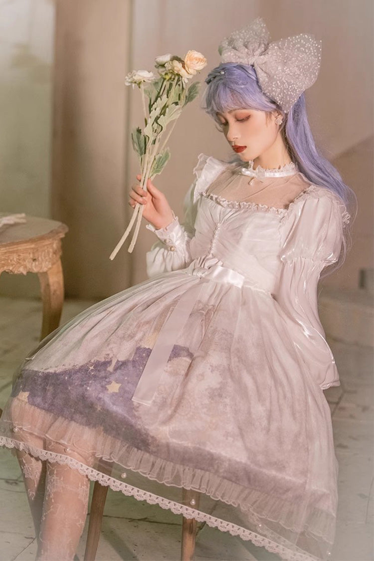 Mehrfarbiges, süßes Lolita-JSK-Prinzessinnenkleid mit langen Laternenärmeln und Rüschen