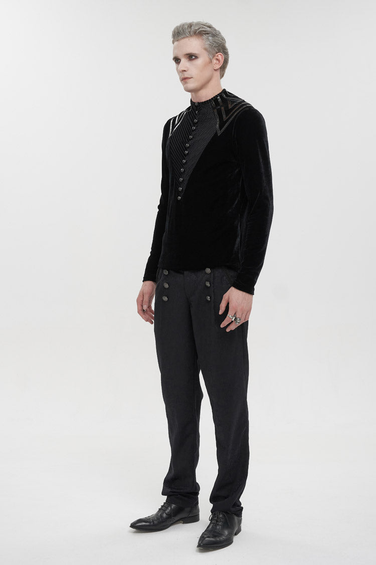 Black Round Collar Long Sleeves Stripes Splice Velvet Men's Gothic Shirt