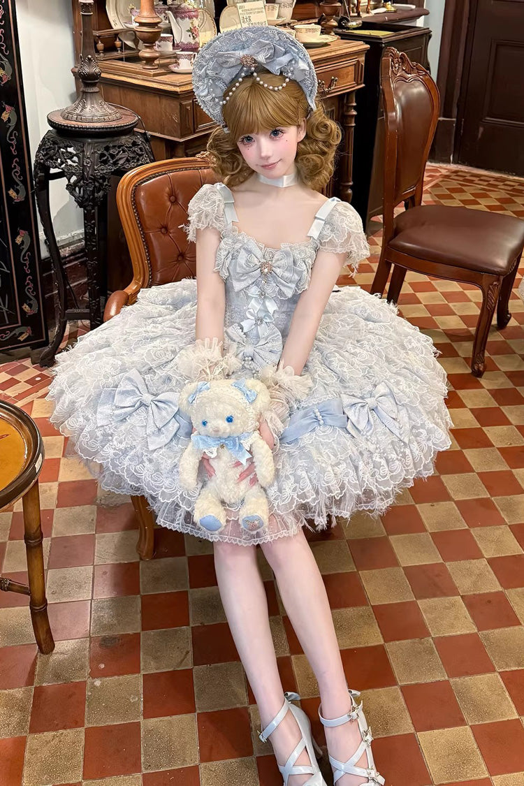 Blaues [Cloudborne Snowfeather] ärmelloses, mehrschichtiges Hanayome-Bowknot-Perlen-Gothic-Lolita-JSK-Kleid