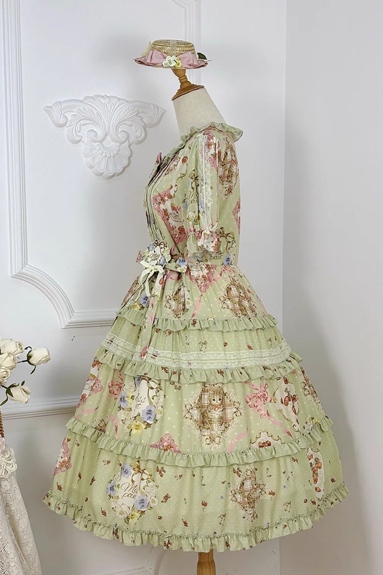 Robe Lolita Douce Quotidienne à Manches Courtes Imprimée Vert [Thé de Rose de Chat] avec Volants et Nœud Papillon 