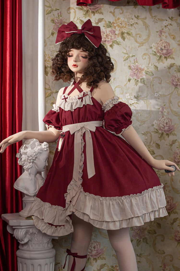 Red [Monet Estate] Sleeveless High Waisted Ruffle Bowknot Asymmetric Gothic Lolita Jsk Dress