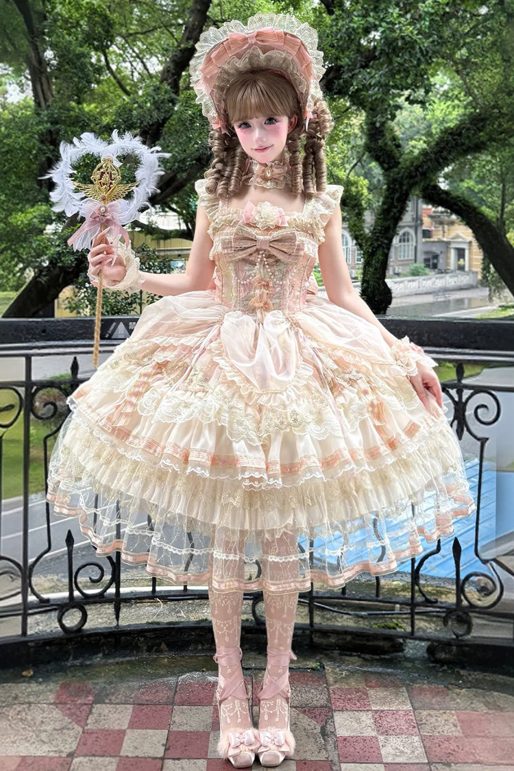 Ivoire/rose [brume pêche] sans manches corset taille nœud dentelle à volants mariée à plusieurs niveaux douce magnifique robe Lolita