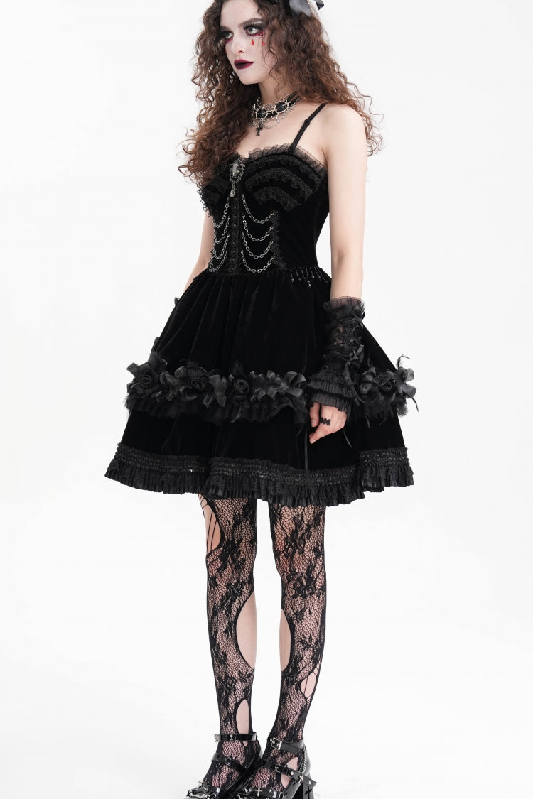 Black Chain Ruffle Lace Women's Gothic Slip Dress