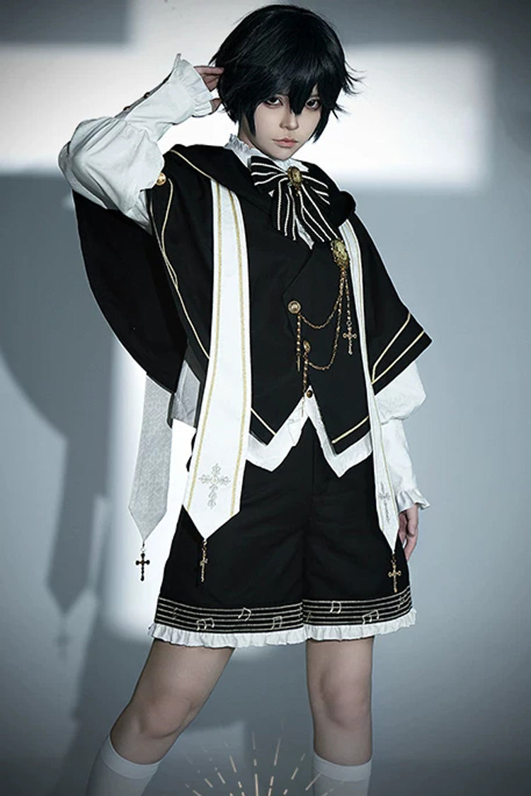 Noir [Le Chœur de l'Église] Ensemble gothique Ouji Lolita à manches longues et chaîne avec nœud décoré
