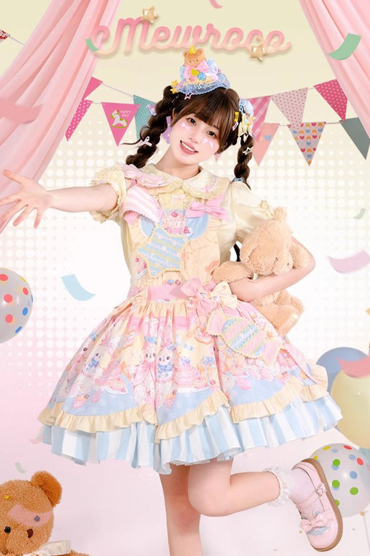 Multi-Color Multi-layer Party Bunny Cat Print Bowknot Sweet Lolita Jsk Dress