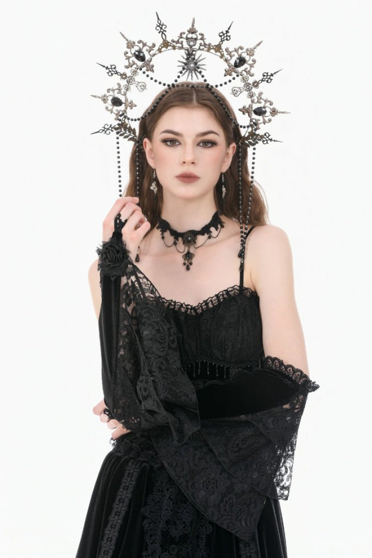 Black Women's Gothic Rose Triple-Layered Lace Splice Velvet Flared Arm Sleeves