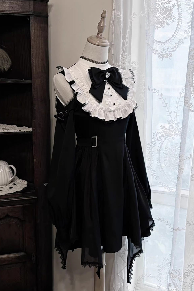 ブラック/ホワイトスタンドカラーオフショルダー長袖フリルリボンレースゴシックジライケイ日本のロリータドレス