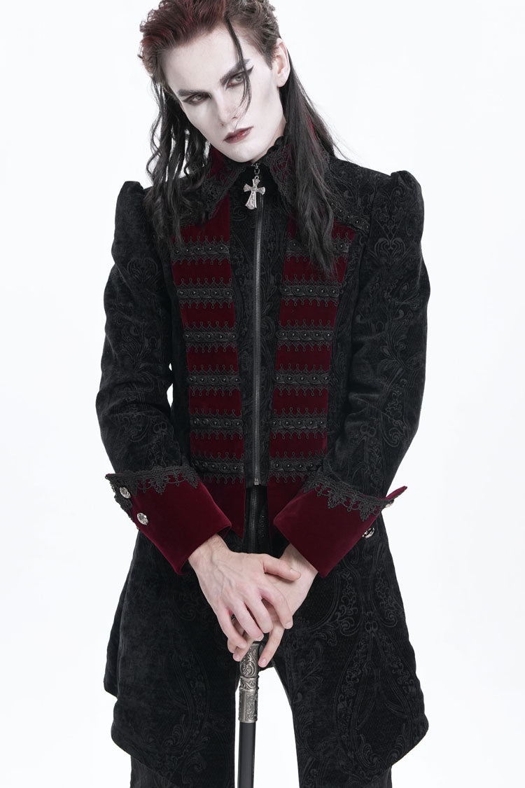 Schwarz/Rot Reverskragen Lange Ärmel Gehäkelte Gothic Herrenjacke