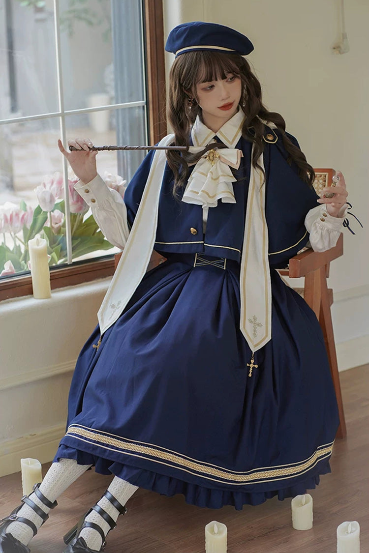 Blue [Choir] Sleeveless Ruffled Lace-Up Classic Military Preppy Style Lolita Bustier Dress Set