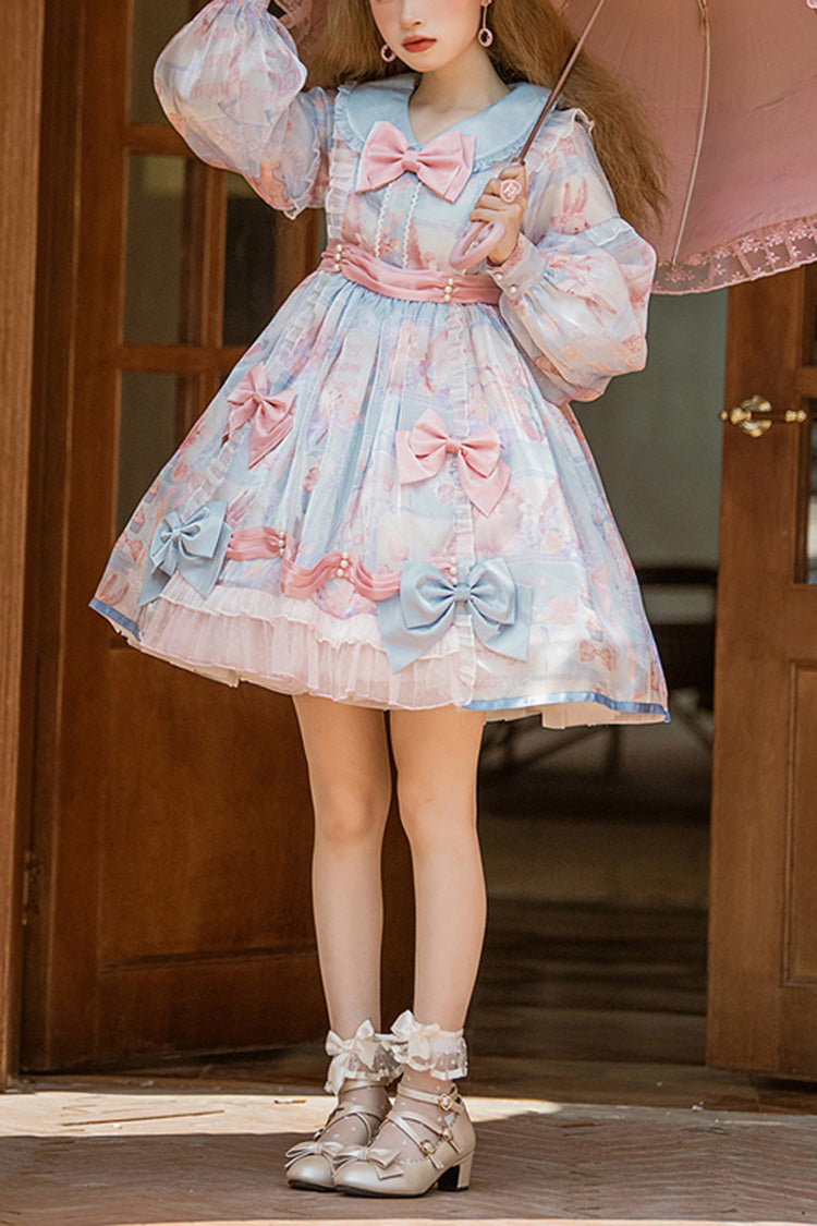 Pink/Blue Doll Collar Long Sleeves Rabbit Candy Paper Print High Waisted Sweet Lolita OP Dress
