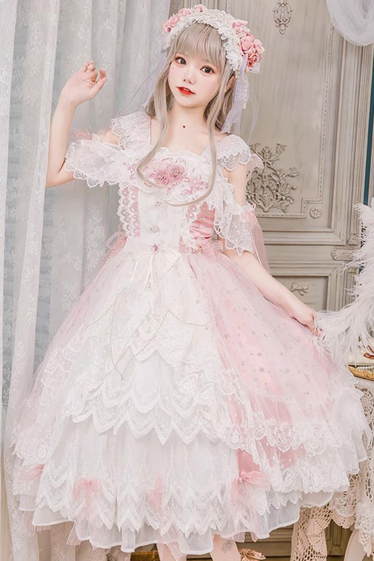 Pink [Glazed Phantom] Off Shoulder Ruffle Hanayome Bowknot Lace Sweet Elegant Lolita Dress