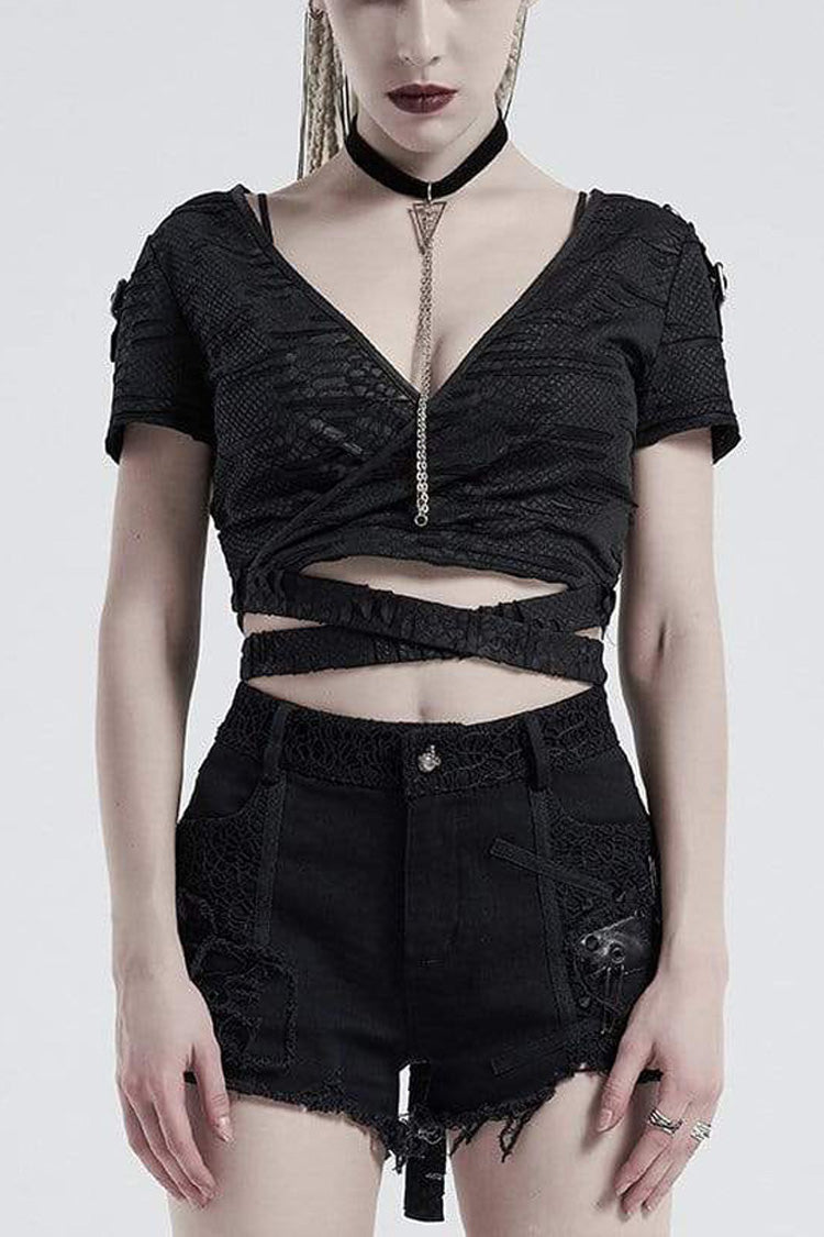Schwarzes Strick-T-Shirt mit V-Ausschnitt, kurzen Ärmeln, Rückenbandage und kaputten Löchern für Damen