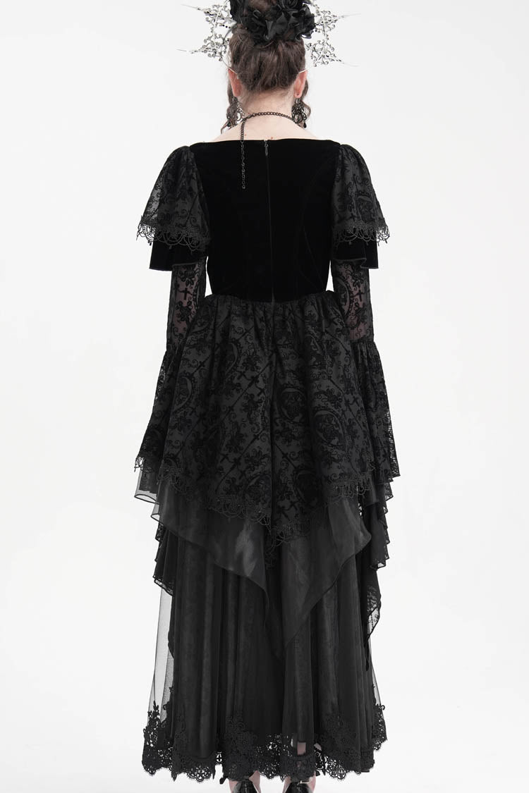 Schwarzes gehäkeltes Gothic-Kleid mit langen Ärmeln aus Hanayome-Spitze für Damen