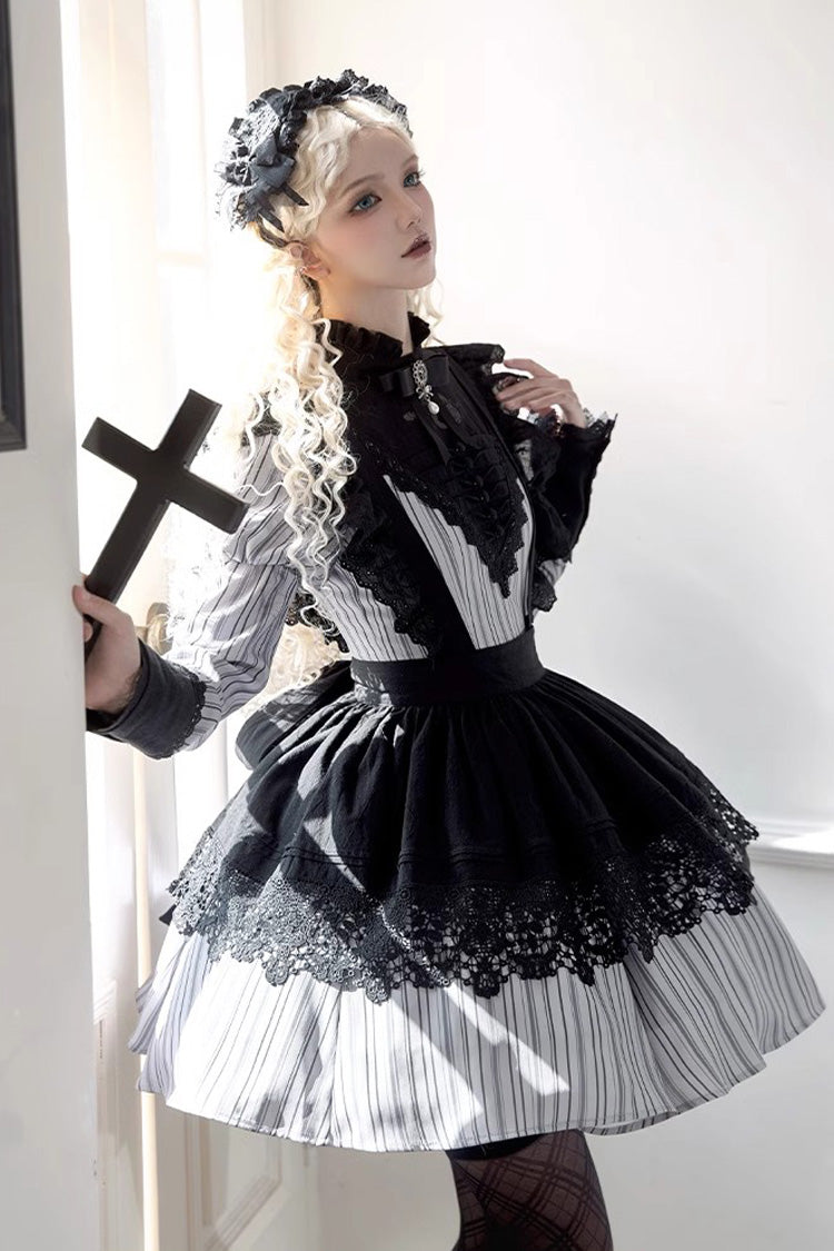 Light Grey [Nocturne] Vertical Stripes Print Ruffle Bowknot Lace Gothic Lolita Dress 2 Versions