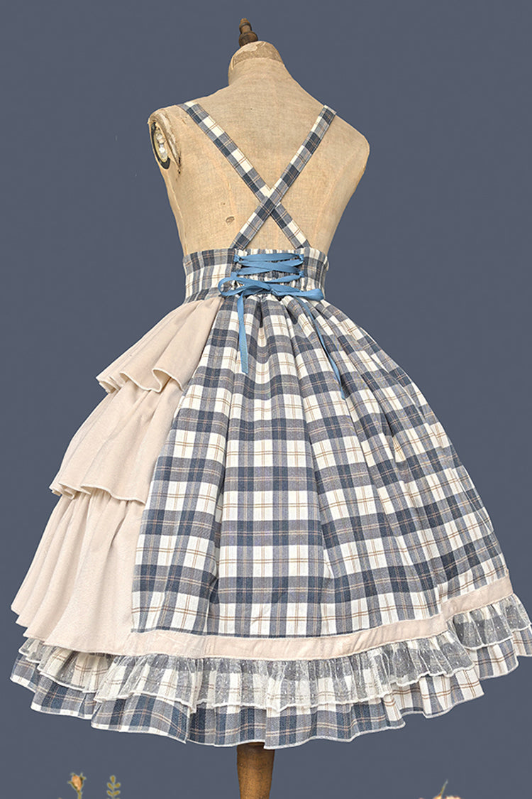 Grey/Blue [Morning Tune] Sleeveless High Waisted Print Ruffle Asymmetric Sweet Lolita Strap Dress