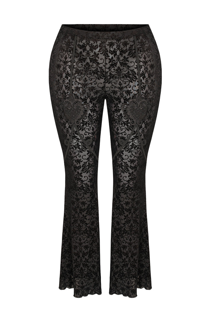 Black Plus Size Velvet Print Front Decals Knit Flare Women's Gothic Pants